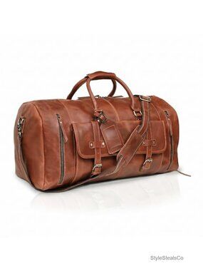 24" Leather Duffle Bag Full-Grain Buffalo Leather Weekend Travel Overnight Gym